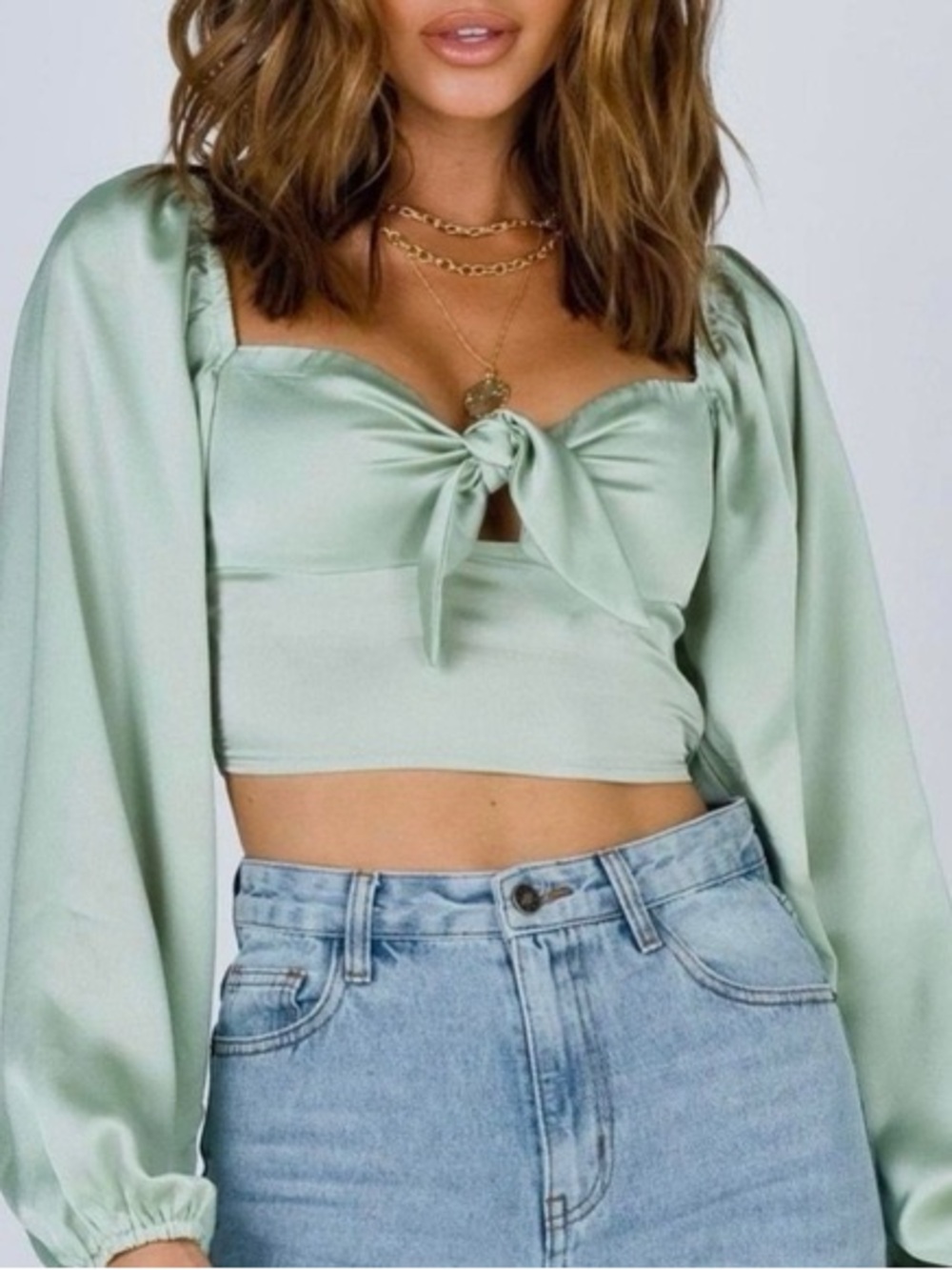 Princess Polly Sage Green Tie-Front Long Sleeve Crop Top